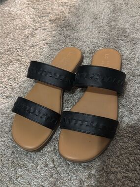 LC Lauren Conrad Black Double-Strap Slides with Tan Footbed